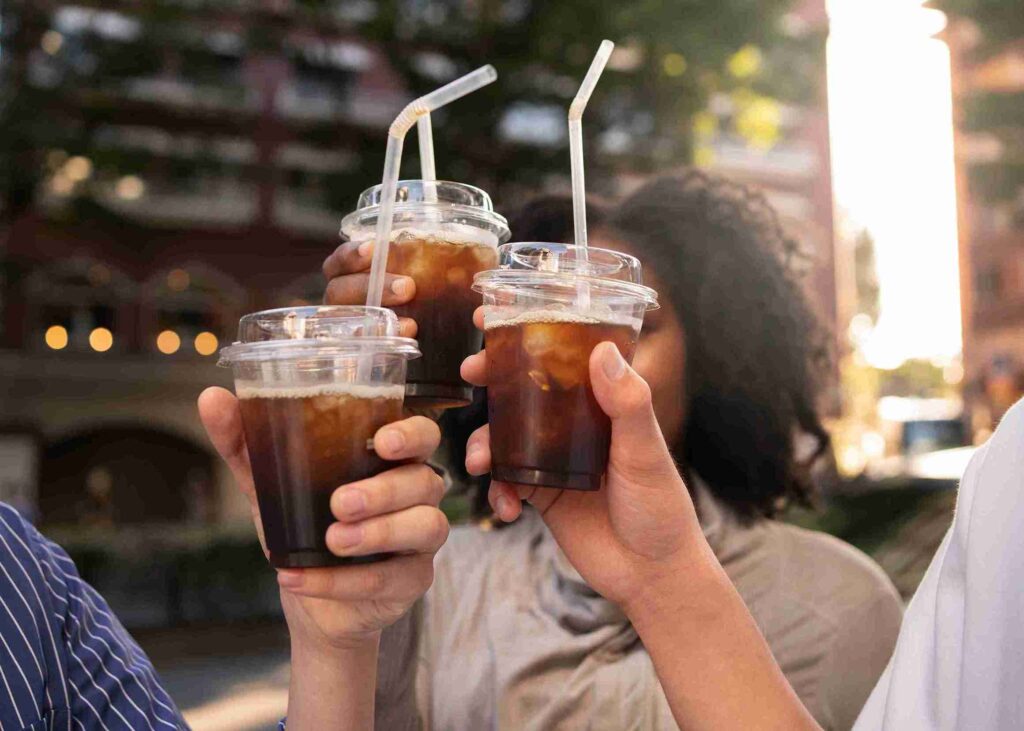 3 ice coffee in hands
