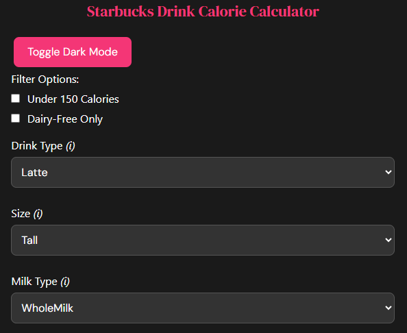 Starbucks Drink Calorie Calculator